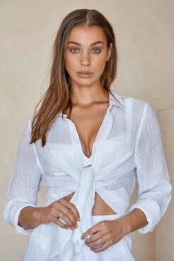 Monaco Shirt - White Crinkle Linen -Sunny Tide Shop MondaySwim MP 2773 Edits